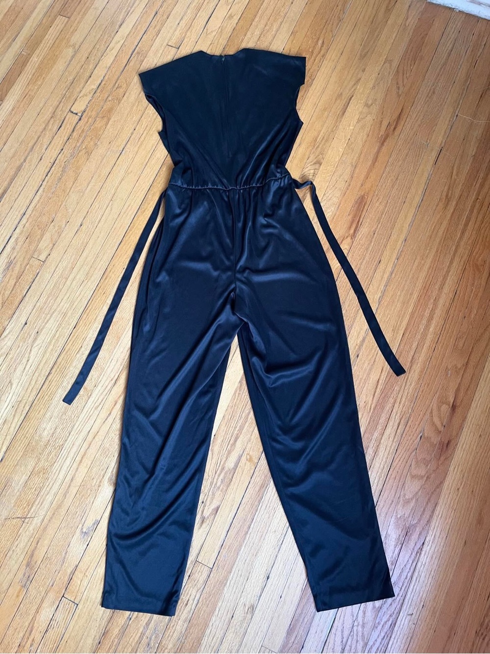 Vintage Vicky Vaughn Black Satin Rhinestone Jumpsuit 80s Glam - Picture 5 of 7